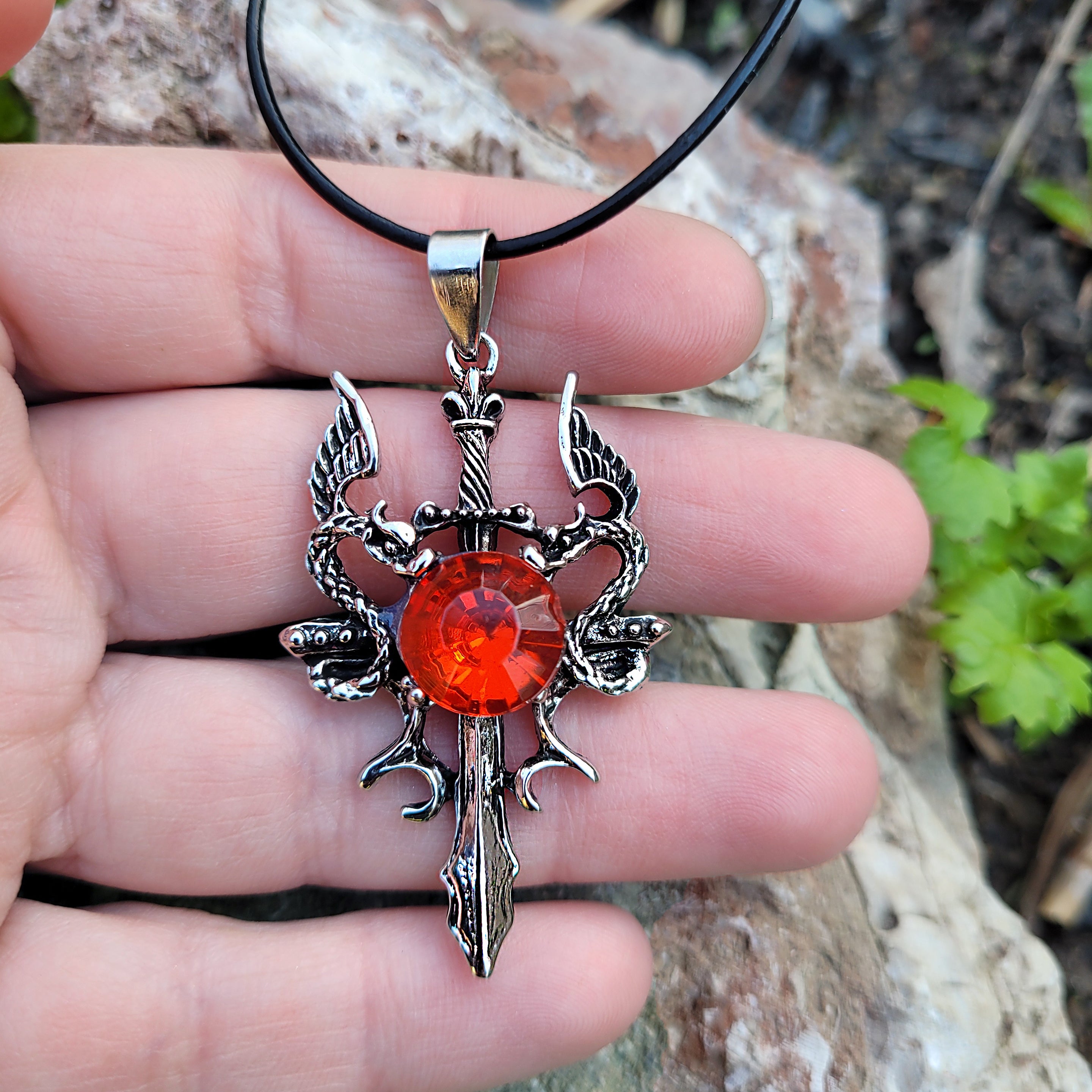 Pendant Red Bling Jewelry Gothic Dragon On Sword Necklace With Red