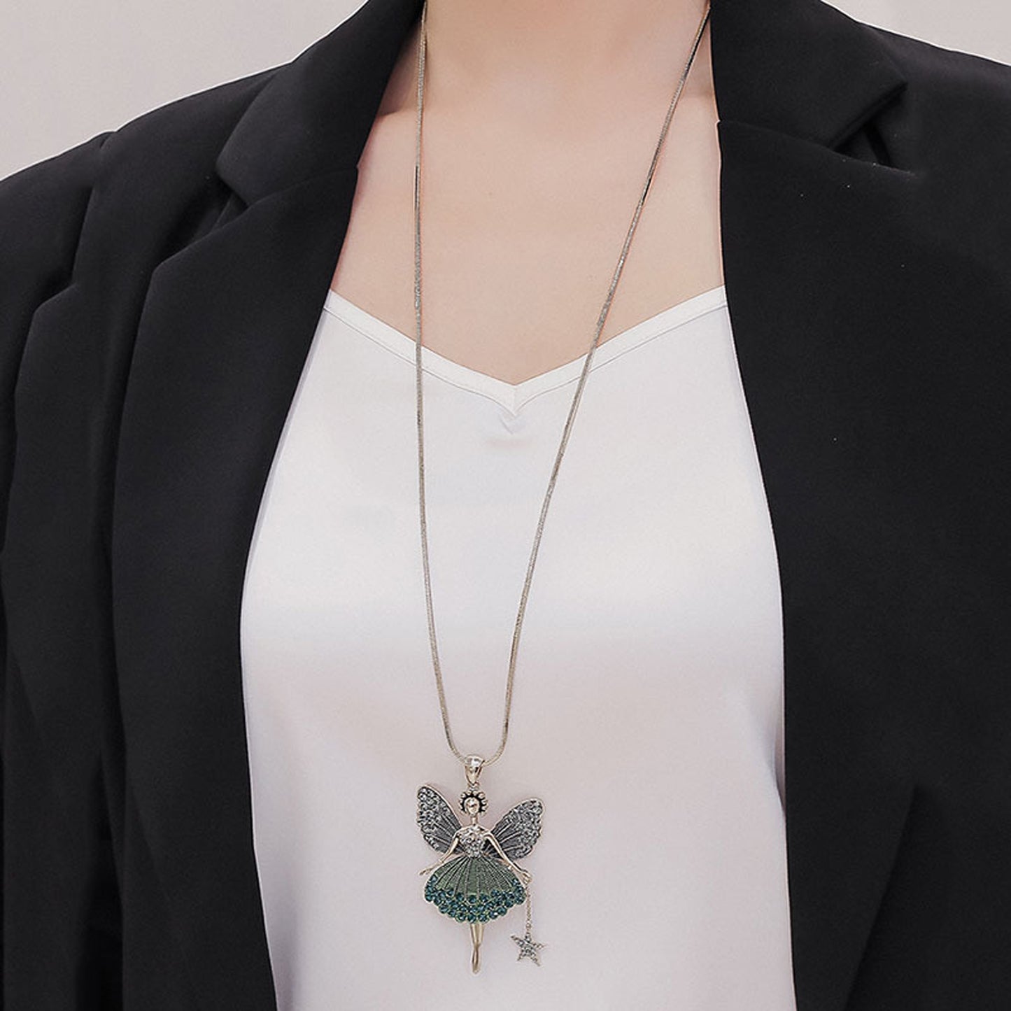 Silver Magical Fairy Ballerina Necklace in Red, Green or Blue