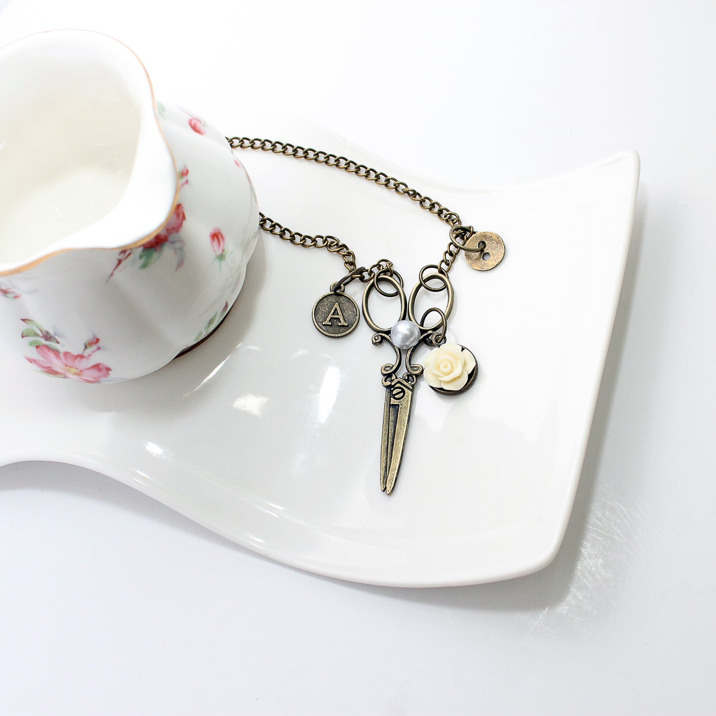 Vintage Scissors Necklace with Personalized Initial, Sewing Jewelry, Gift for Sewers, Steampunk Jewelry, Monogram jewelry