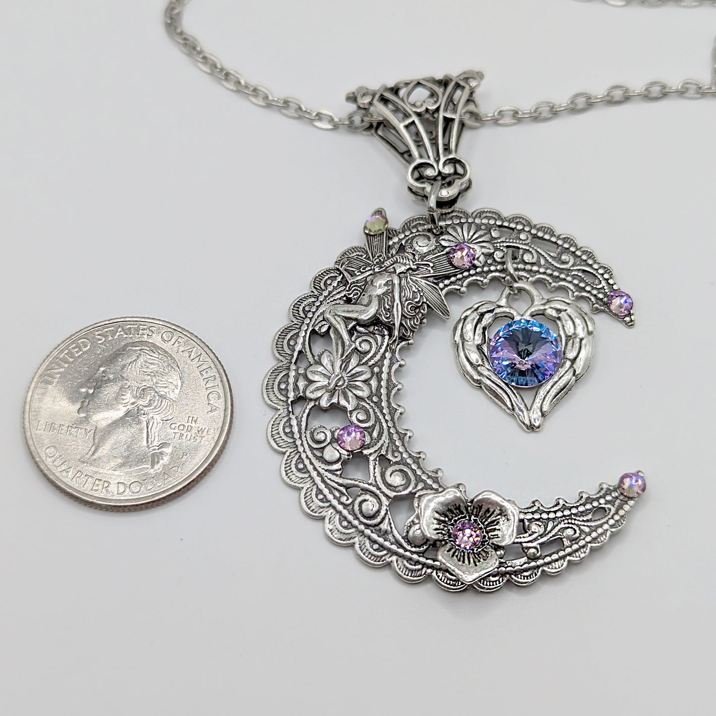 Sterling Silver Crescent Moon Fairy Necklace – Celestial Crystal Jewelry