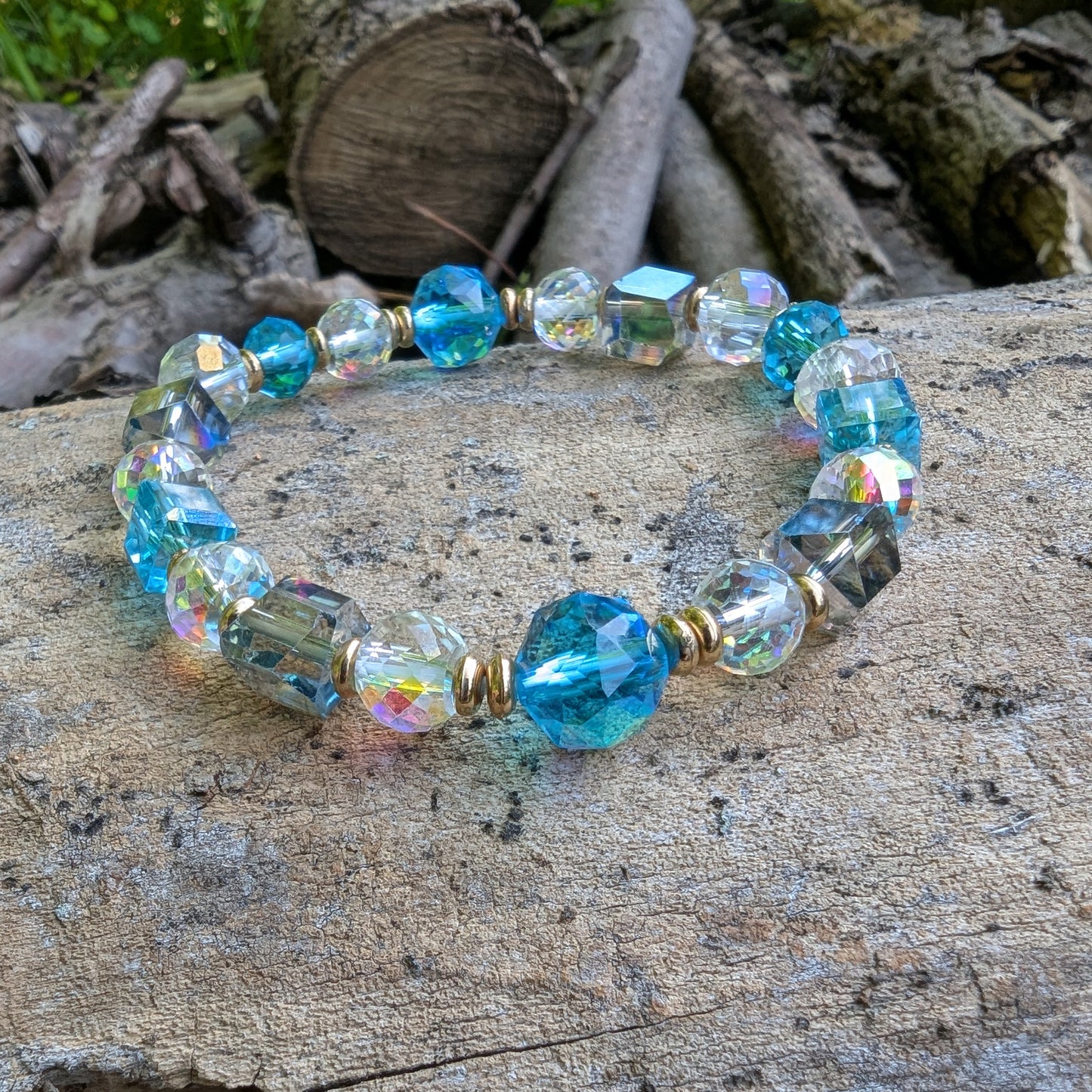 Radiant Aquamarine Blue Crystal Stretch Bracelet for Women with Gold Accents