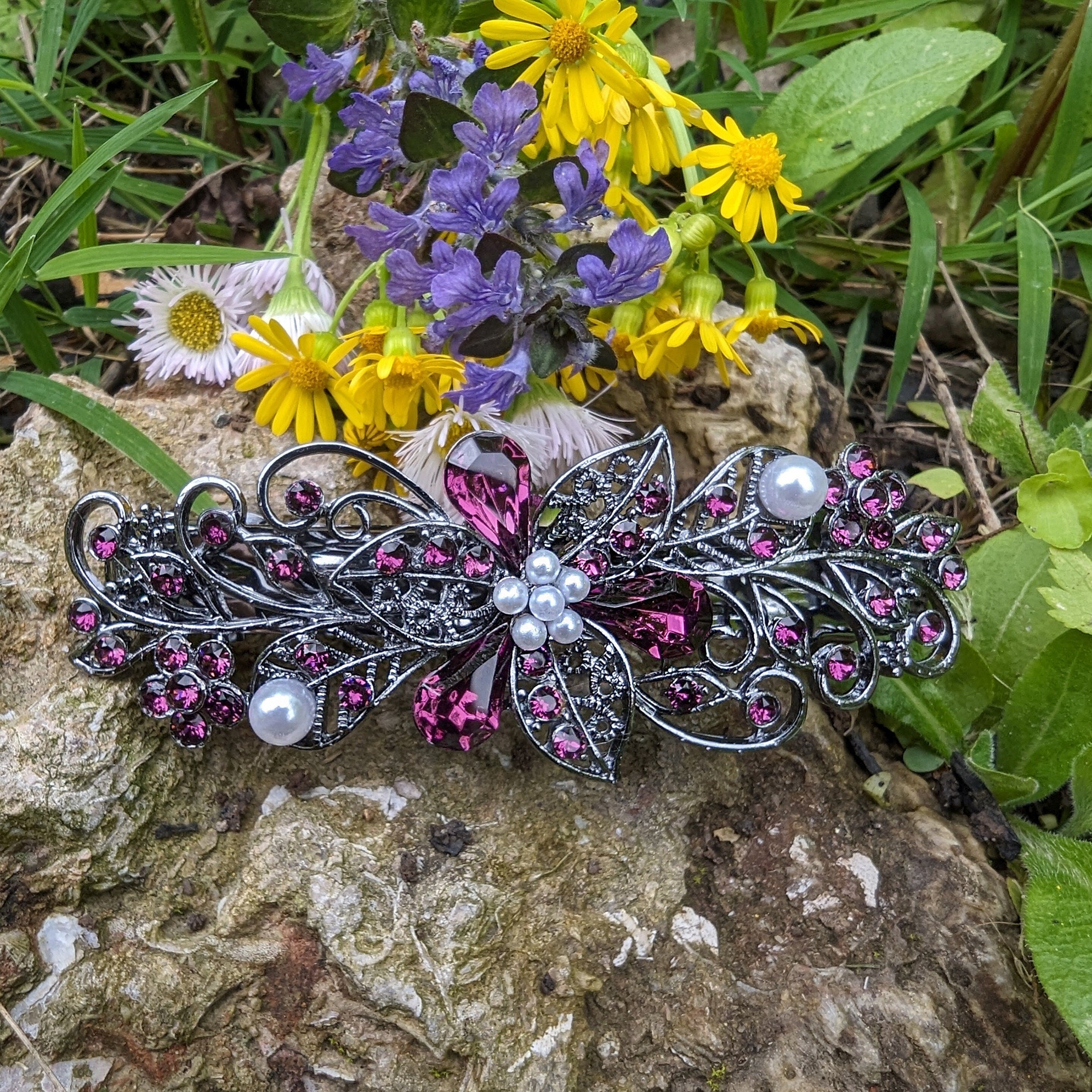 High Quality Swarovski Purple Amethyst Floral Crystal Hair Clips, Fanc