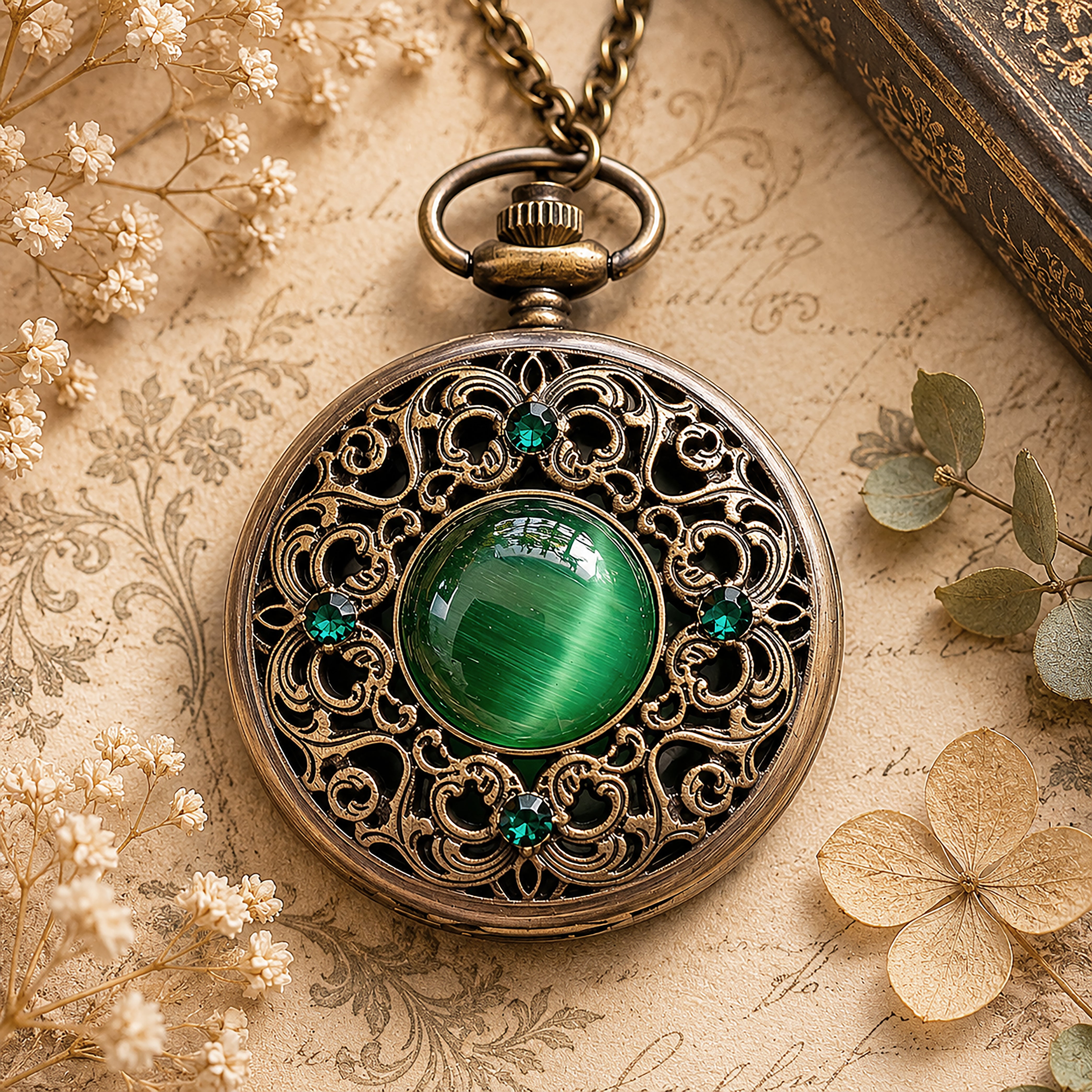 Vintage Quartz Pocket Watch Necklace with Emerald Swarovski Crystals,