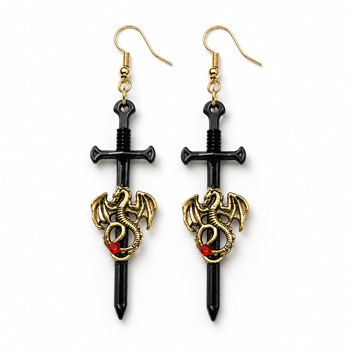 Sword-shaped earrings with dragon designs on a white background
