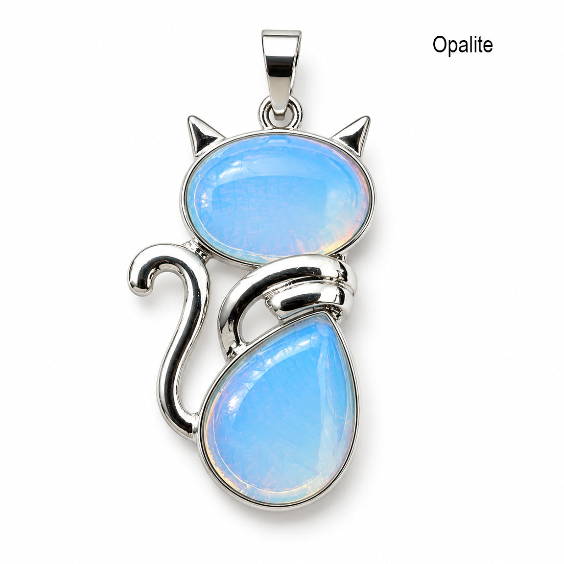 Cat-shaped pendant with opalite stones on a white background