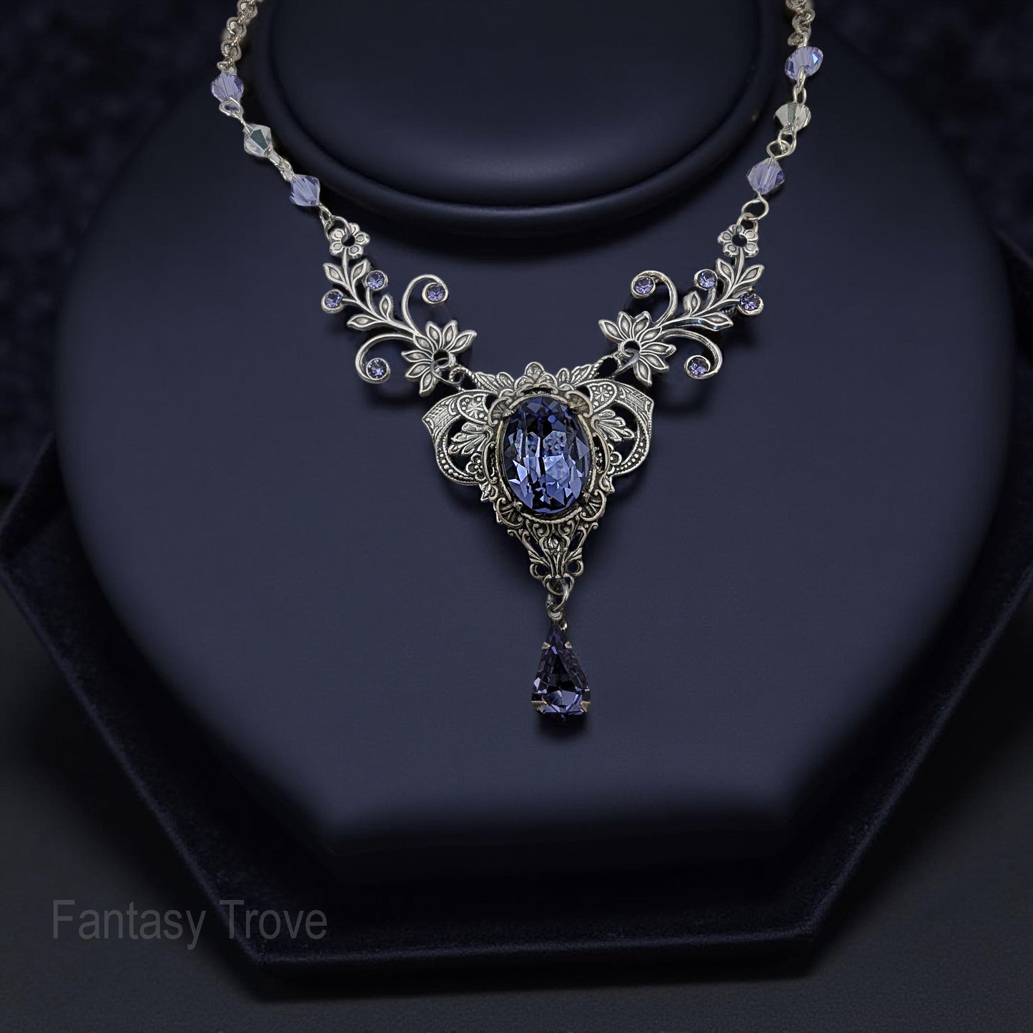Vintage Sterling Silver Tanzanite Crystal Necklace made with Swarovski Crystals, Elven Jewelry, Eloquent formal jewelry, Bridal Jewelry