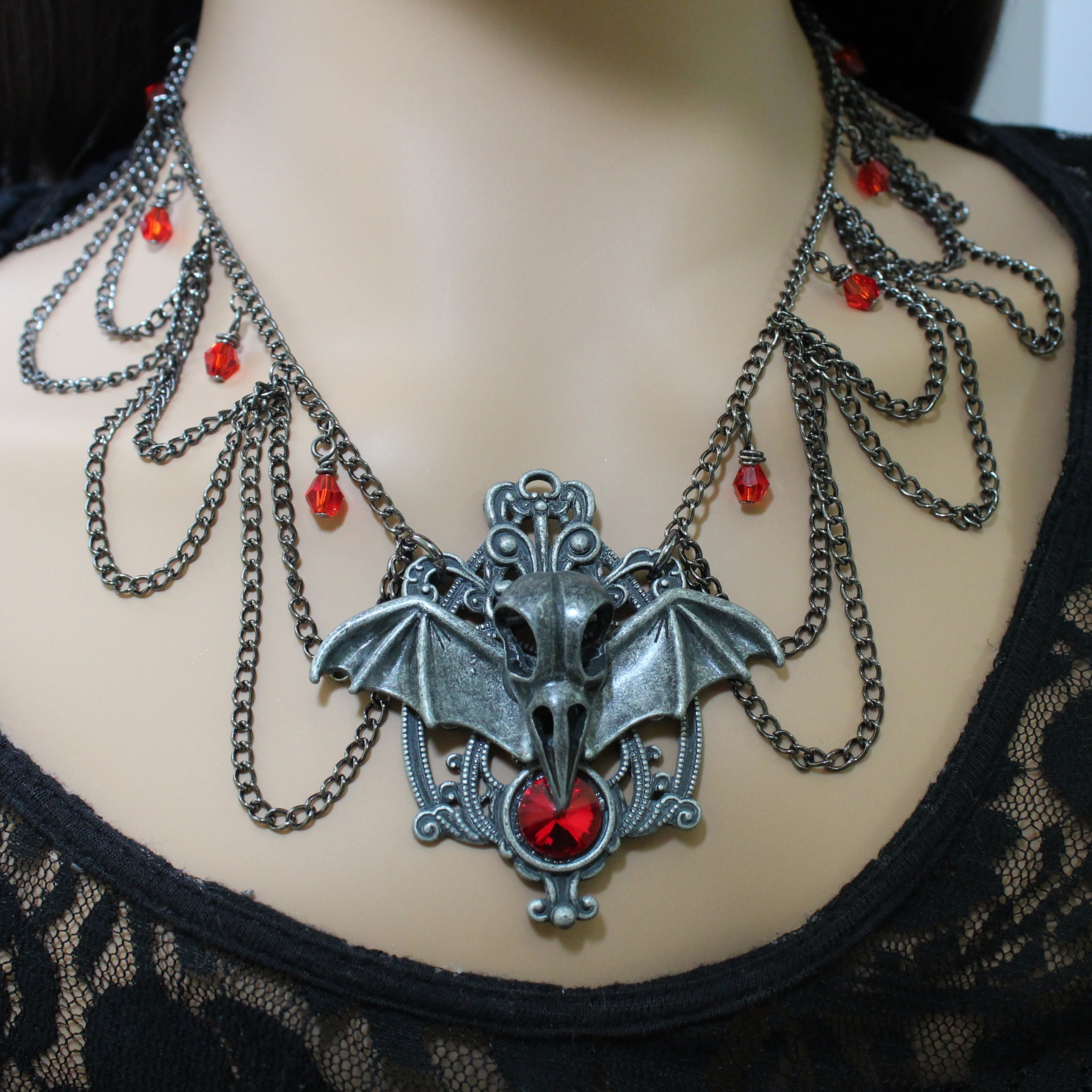 Gothic Raven Skull and Bat Wing Necklace with Red Crystals, Gothic Jew