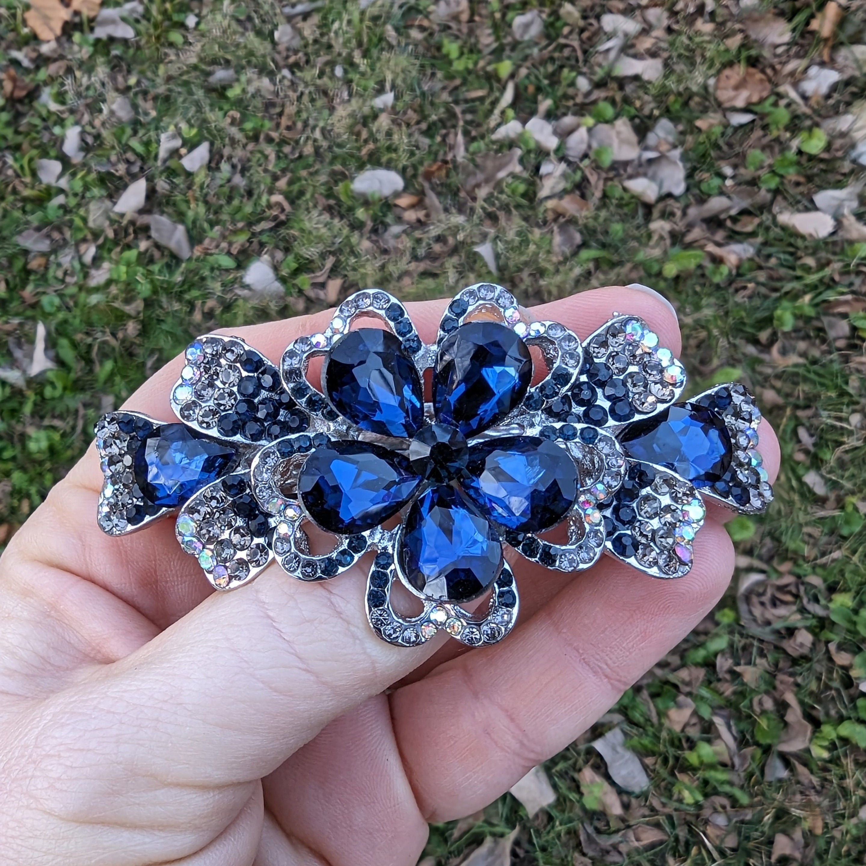 Sapphire Rhinestone Hair Bar Barrette, Dark Blue Hair Clip 