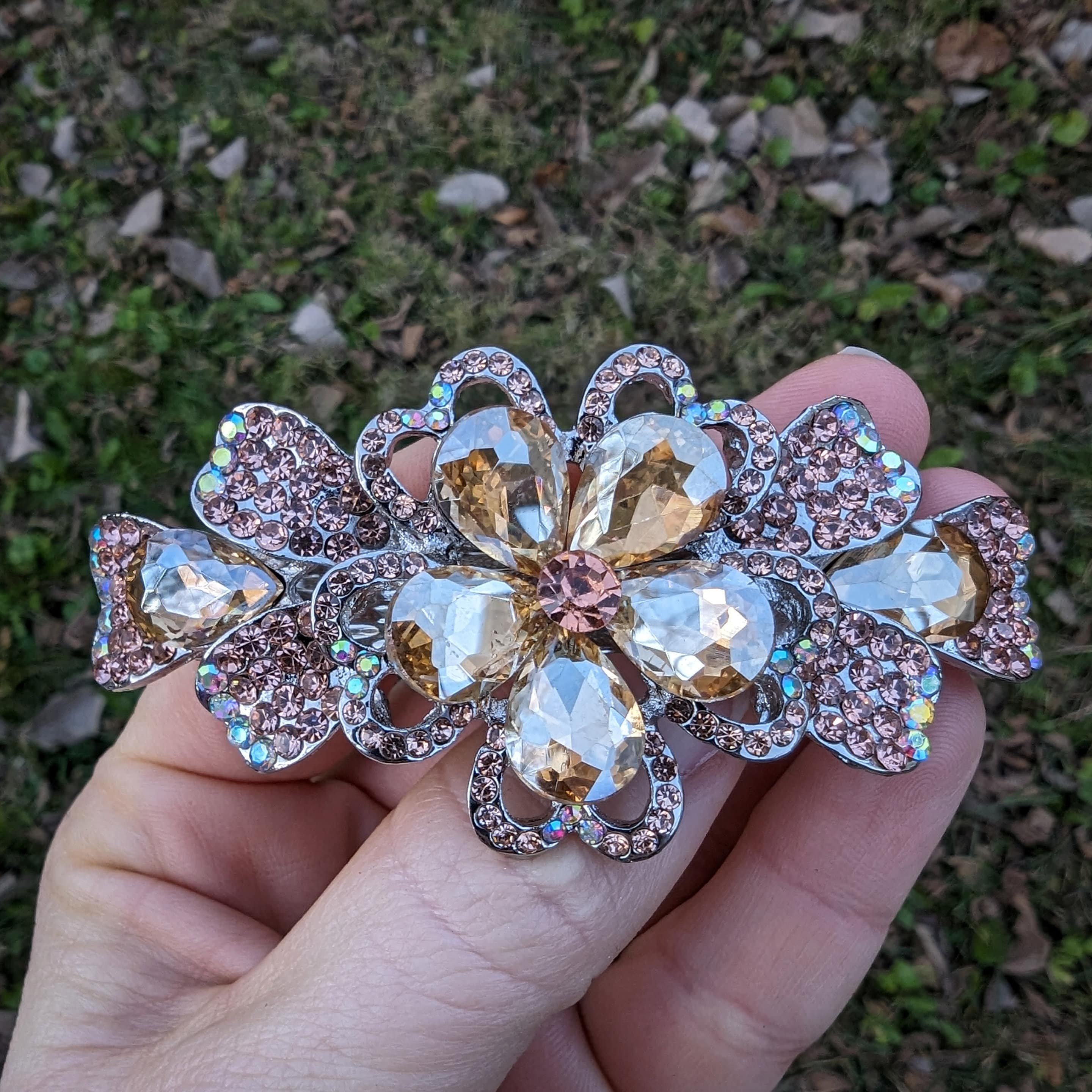 Gold Tone Filagree Green Crystal Floral Barrette 1928 Jewelry Porcelain Rose Filigree Hair Barrette| Rose Jewelry main image 2