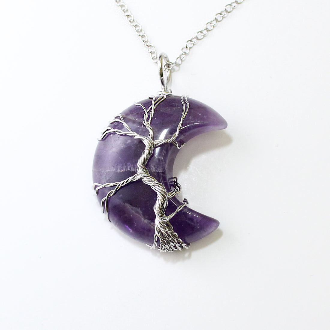 Amethyst crescent moon quartz healing crystal stone pendant tree of life wire wrapped necklace