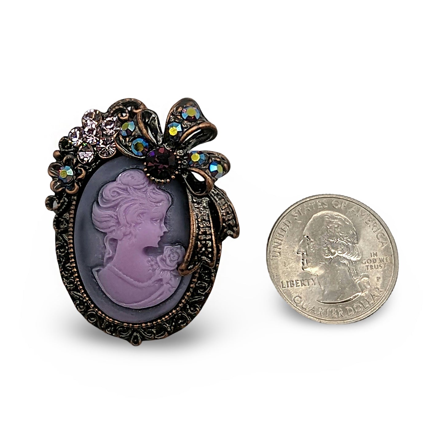 Alilang Vintage Classic Victorian Lady Purple Cameo Brooch with Rhinestone Floral and Bow Accents