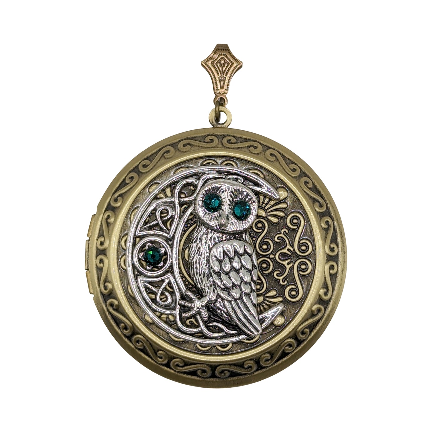 Owl on moon locket necklace with emerald Swarovski rhinestones.  Owl jewelry.