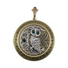 Owl on moon locket necklace with emerald Swarovski rhinestones.  Owl jewelry.