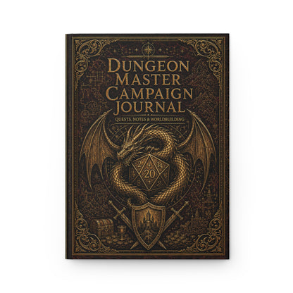 D&D Dungeon Master Campaign Journal book for Quests, Notes and Worldbuilding.  Front cover Image of dragon and polyhexagonal 20 sided die