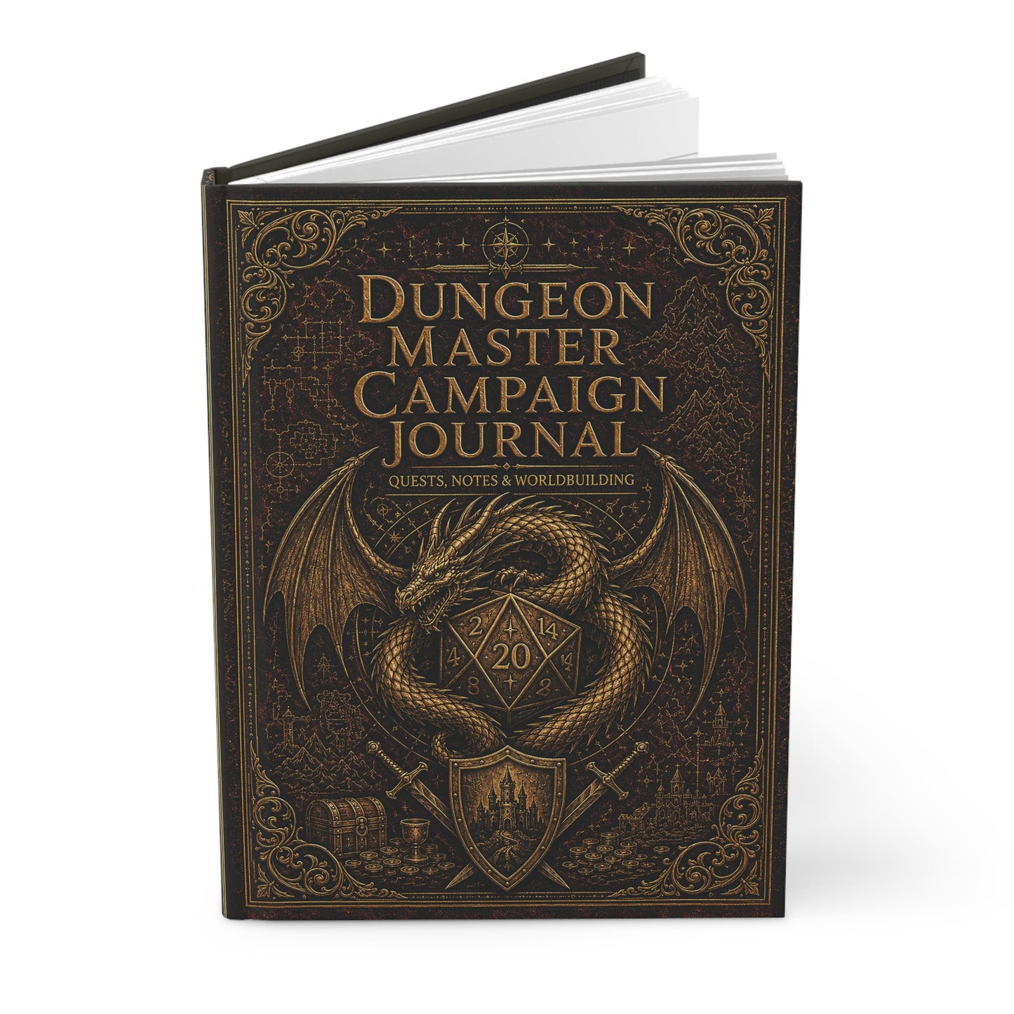 D&D Dungeon Master Campaign Journal book for Quests, Notes and Worldbuilding. open book.  Image of dragon and polyhexagonal 20 sided die