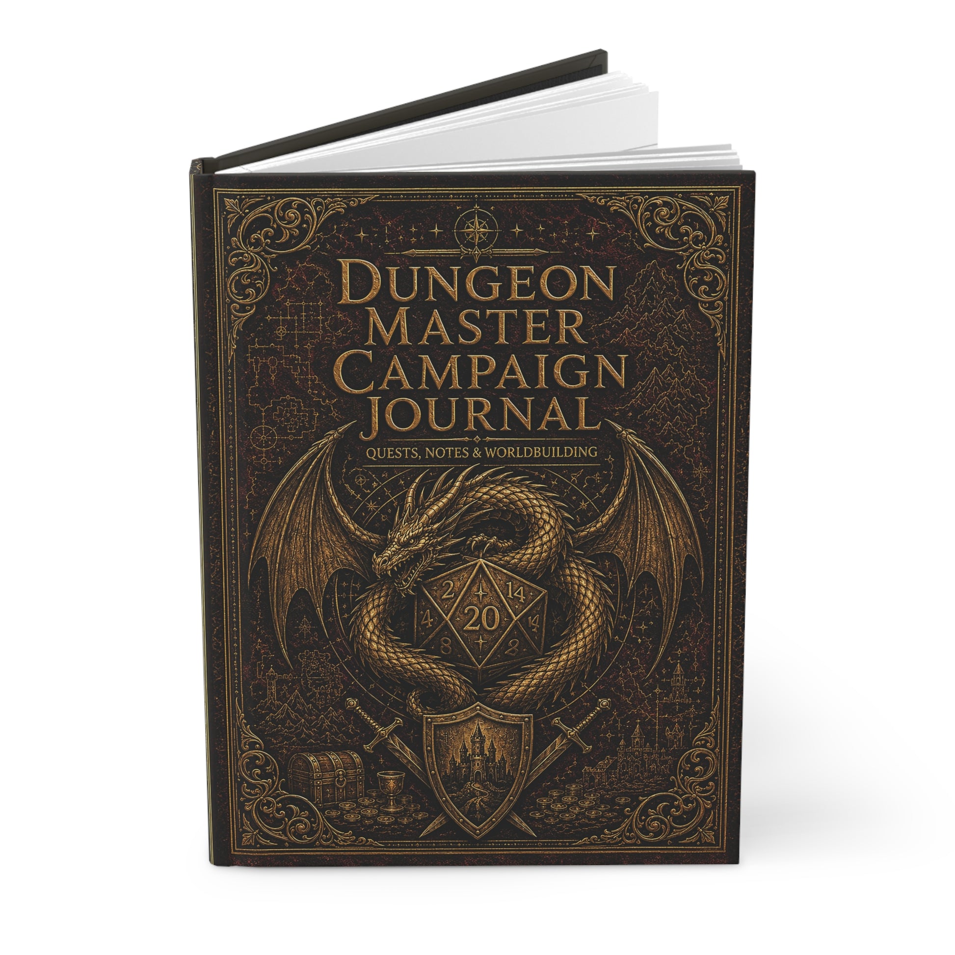 D&D Dungeon Master Campaign Journal book for Quests, Notes and Worldbuilding. open book.  Image of dragon and polyhexagonal 20 sided die