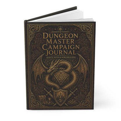 D&D Dungeon Master Campaign Journal book for Quests, Notes and Worldbuilding. open book.  Image of dragon and polyhexagonal 20 sided die
