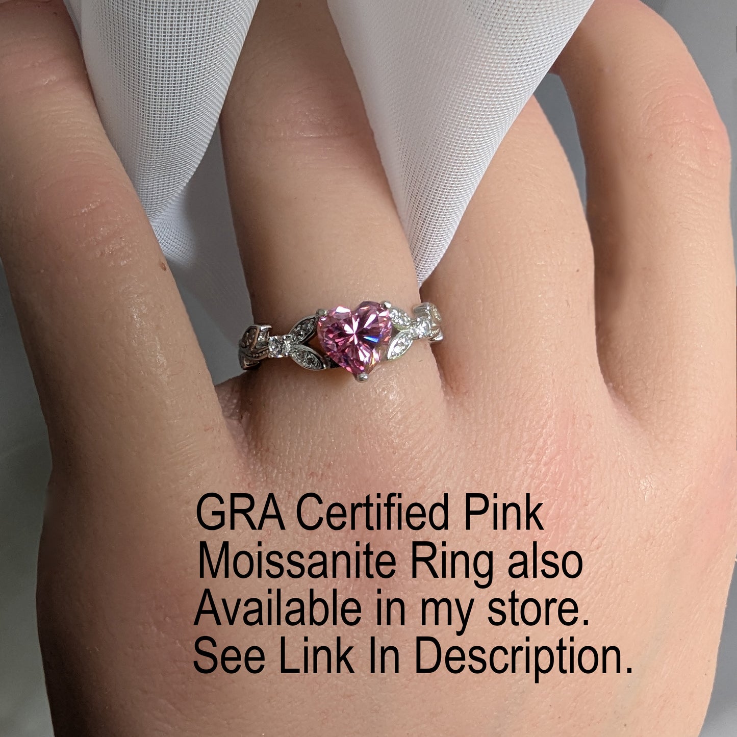 Pink CZ (Cubic Zirconia) Heart Engagement Promise Ring, White Gold Sterling Silver Leaf Detail, October Birthstone
