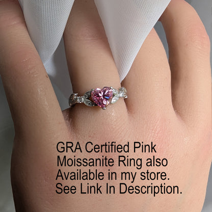 Pink CZ (Cubic Zirconia) Heart Engagement Promise Ring, White Gold Sterling Silver Leaf Detail, October Birthstone