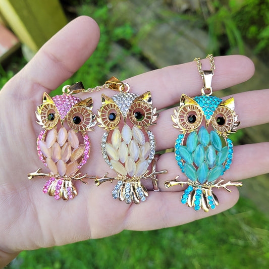Pink, Blue and Champaign Owl Necklaces, Owl Jewelry, Hippie Jewelry, Nature Jewelry