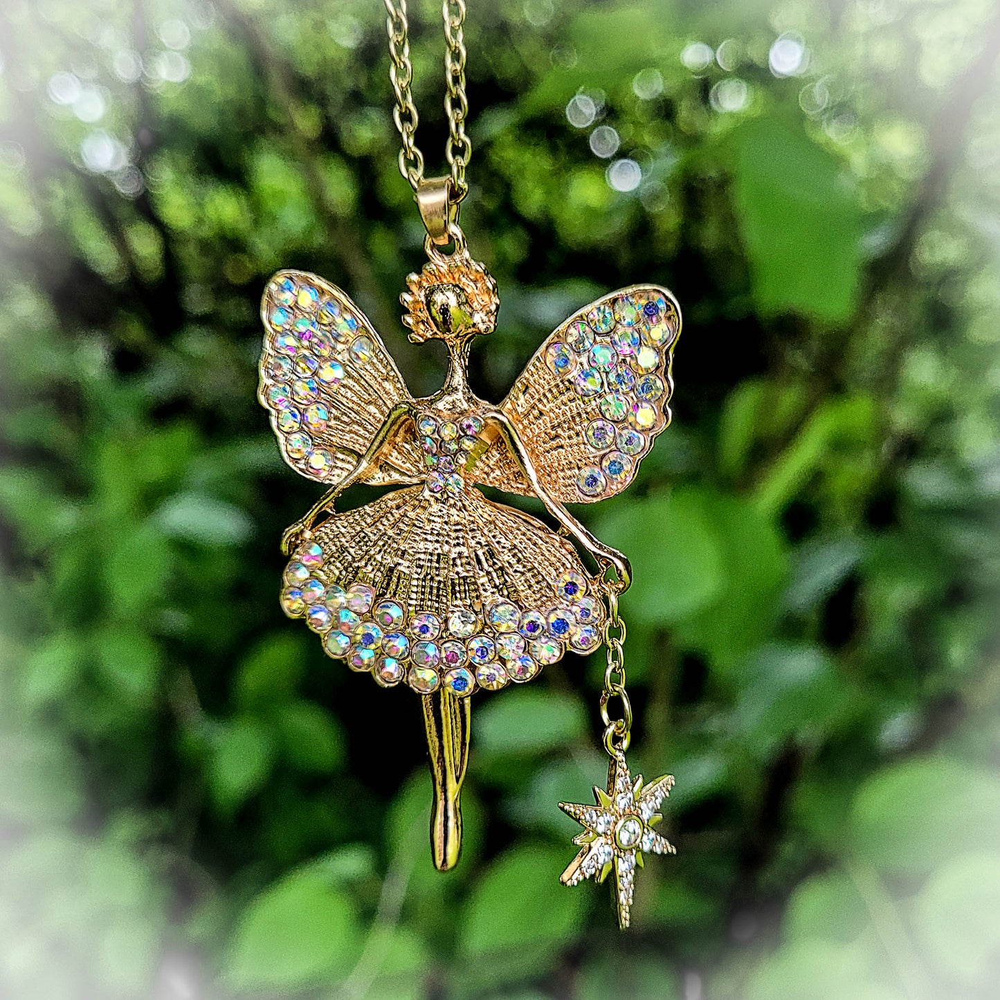 Gold Fairy Princess Ballerina Necklace with Wand Charm