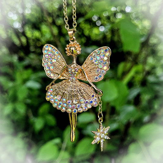 Gold Fairy Princess Ballerina Necklace with Wand Charm