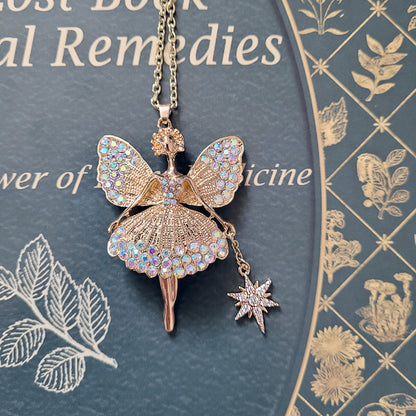 Gold Fairy Princess Ballerina Necklace with Wand Charm