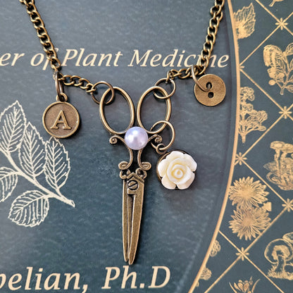 Vintage Scissors Necklace with Personalized Initial, Sewing Jewelry, Gift for Sewers, Steampunk Jewelry, Monogram jewelry