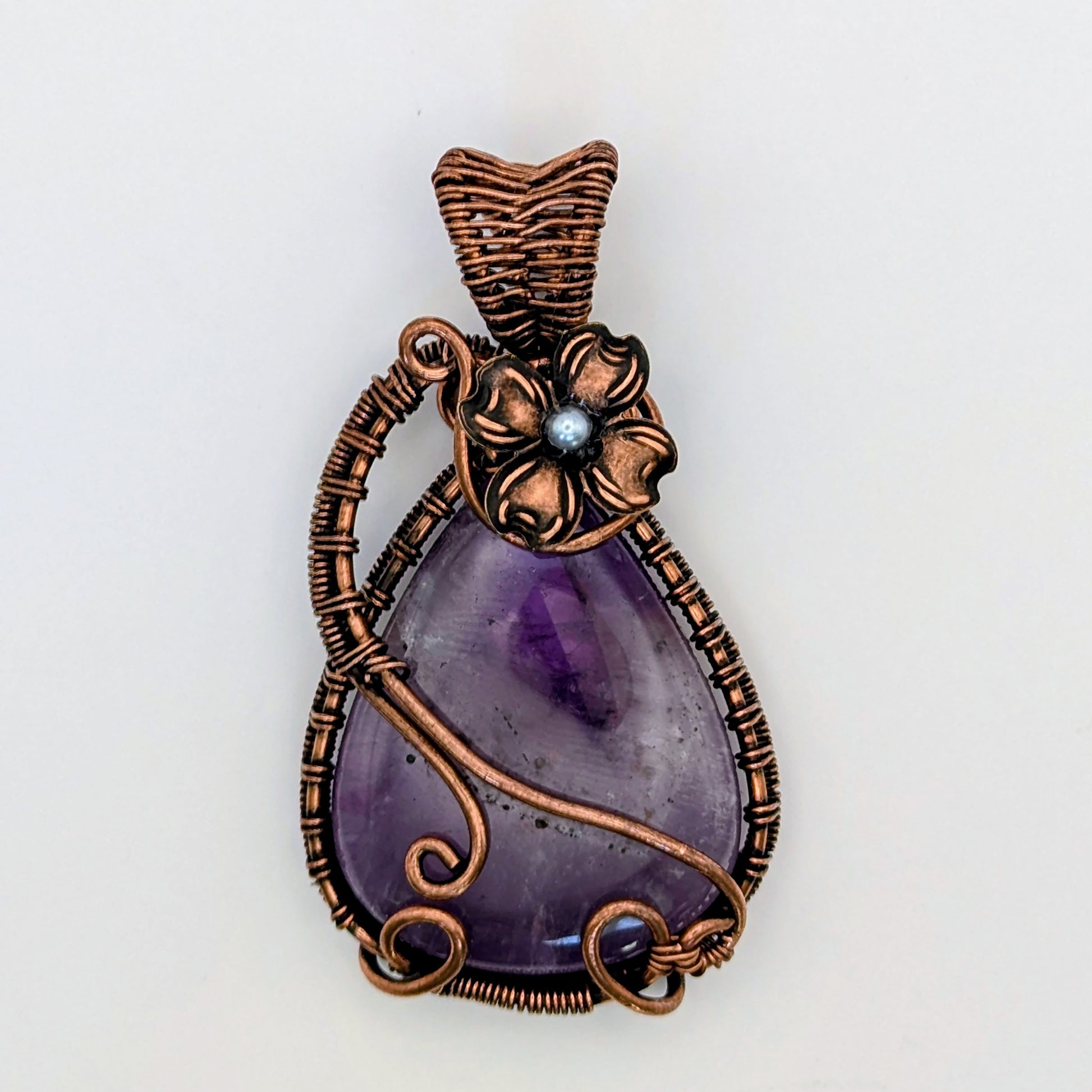 Wire Wrapped Amethyst Pendant Necklace with Flower Accent, Handcrafted Jewelry