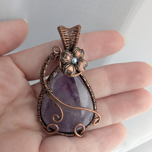 Wire Wrapped Amethyst Pendant Necklace with Flower Accent, Handcrafted Jewelry