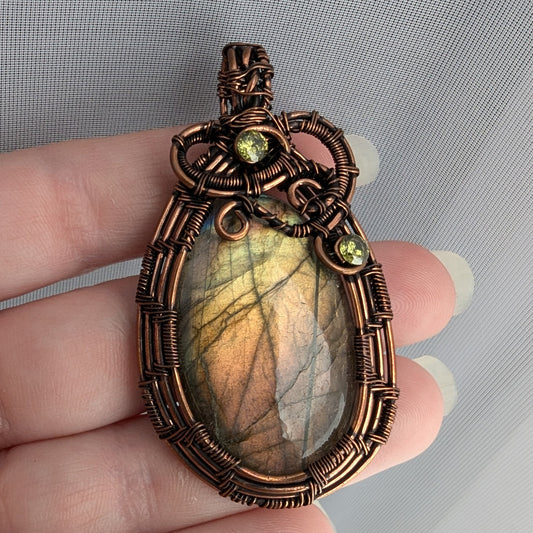 Labradorite Moonstone Wire Wrapped Stone Pendant with CZ Crystal Accents, Labradorite Jewelry
