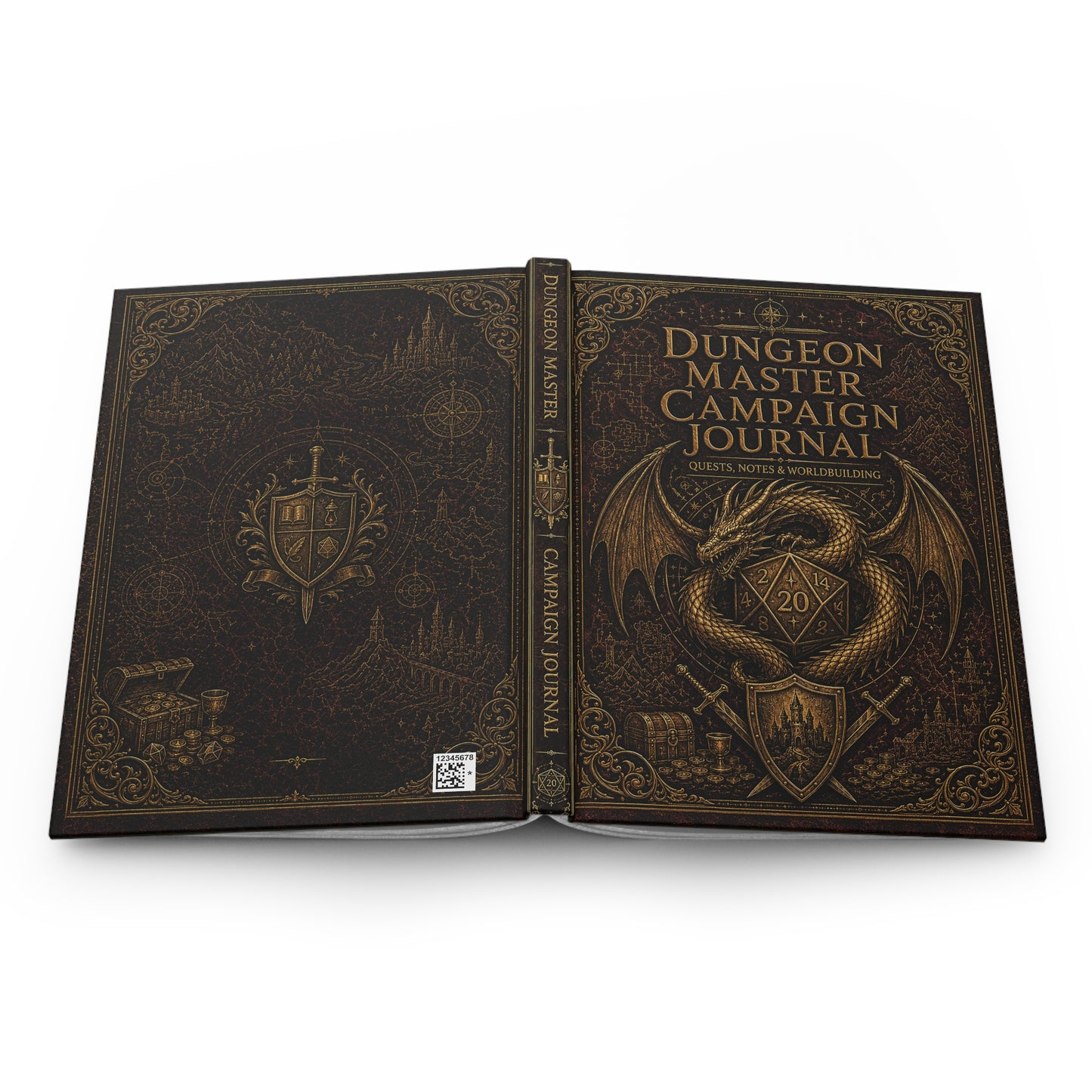 D&D Dungeon Master Campaign Journal book for Quests, Notes and Worldbuilding.  Image of dragon and polyhexagonal 20 sided die. Flat out book view, cover to cover.