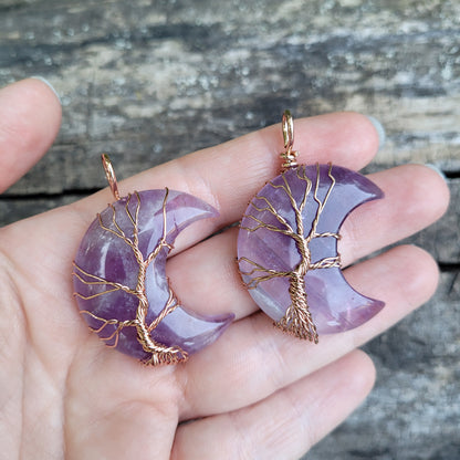 Natural Amethyst Stone Crescent Moon, Tree of Life Wire Wrapped Necklace, Healing Stones, Amethyst Necklace
