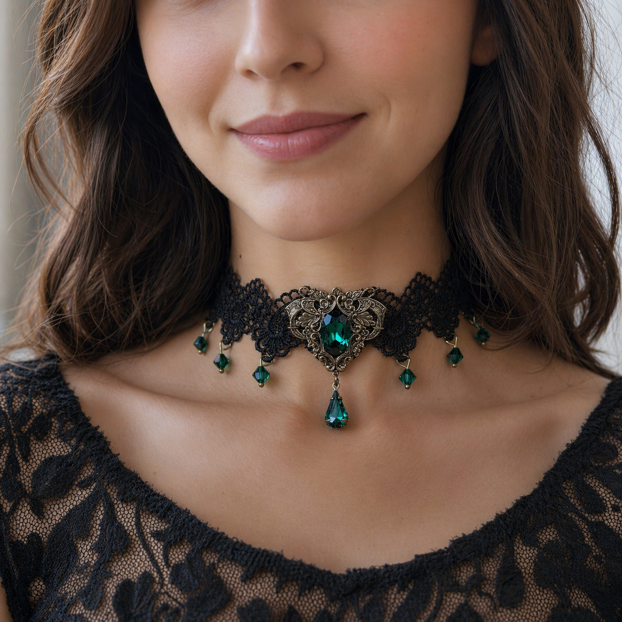 Gothic Swarovski Crystal Emerald Choker Necklace with Double Hand Sewn Black Lace.  Prom jewelry