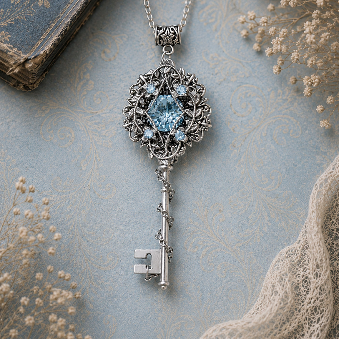 Silver key-shaped pendant with blue gemstone on a textured surface.  Aquamarine Fantasy Key Necklace – Elven Fairycore Swarovski Crystal Jewelry