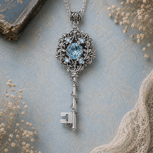 Silver key-shaped pendant with blue gemstone on a textured surface.  Aquamarine Fantasy Key Necklace – Elven Fairycore Swarovski Crystal Jewelry