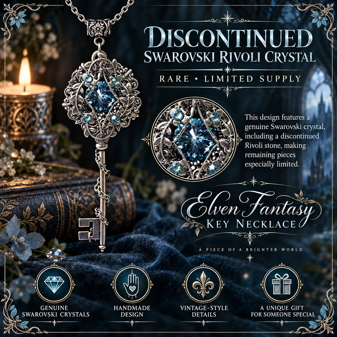 Aquamarine Swarovski Crystal Key Necklace, Elven Fairycore Fantasy Jewelry