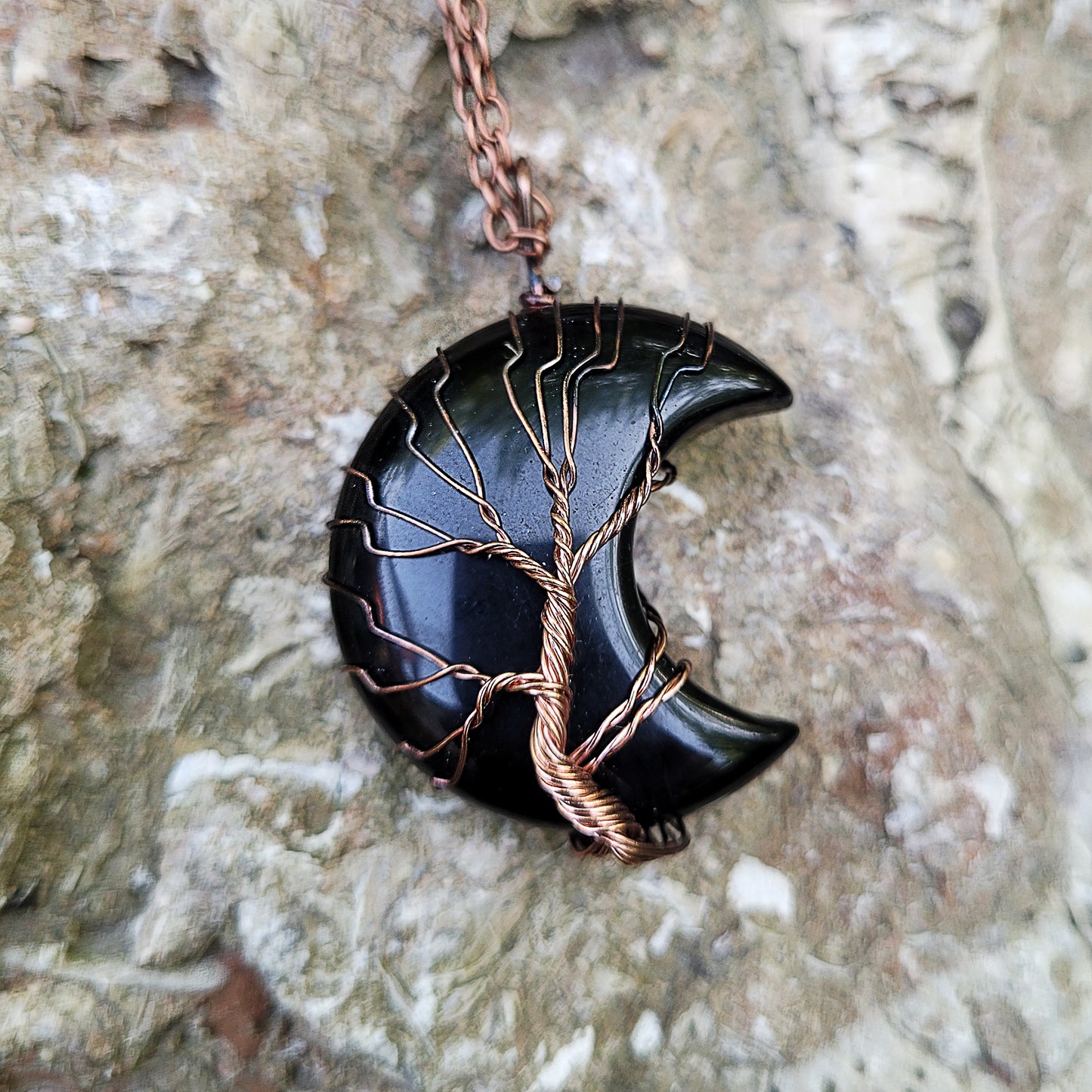 Black Obsidian Stone Wire Wrapped Crescent Moon Necklace,  Healing Stones, Gothic Jewelry