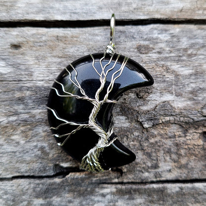 Black Obsidian Stone Wire Wrapped Crescent Moon Necklace,  Healing Stones, Gothic Jewelry