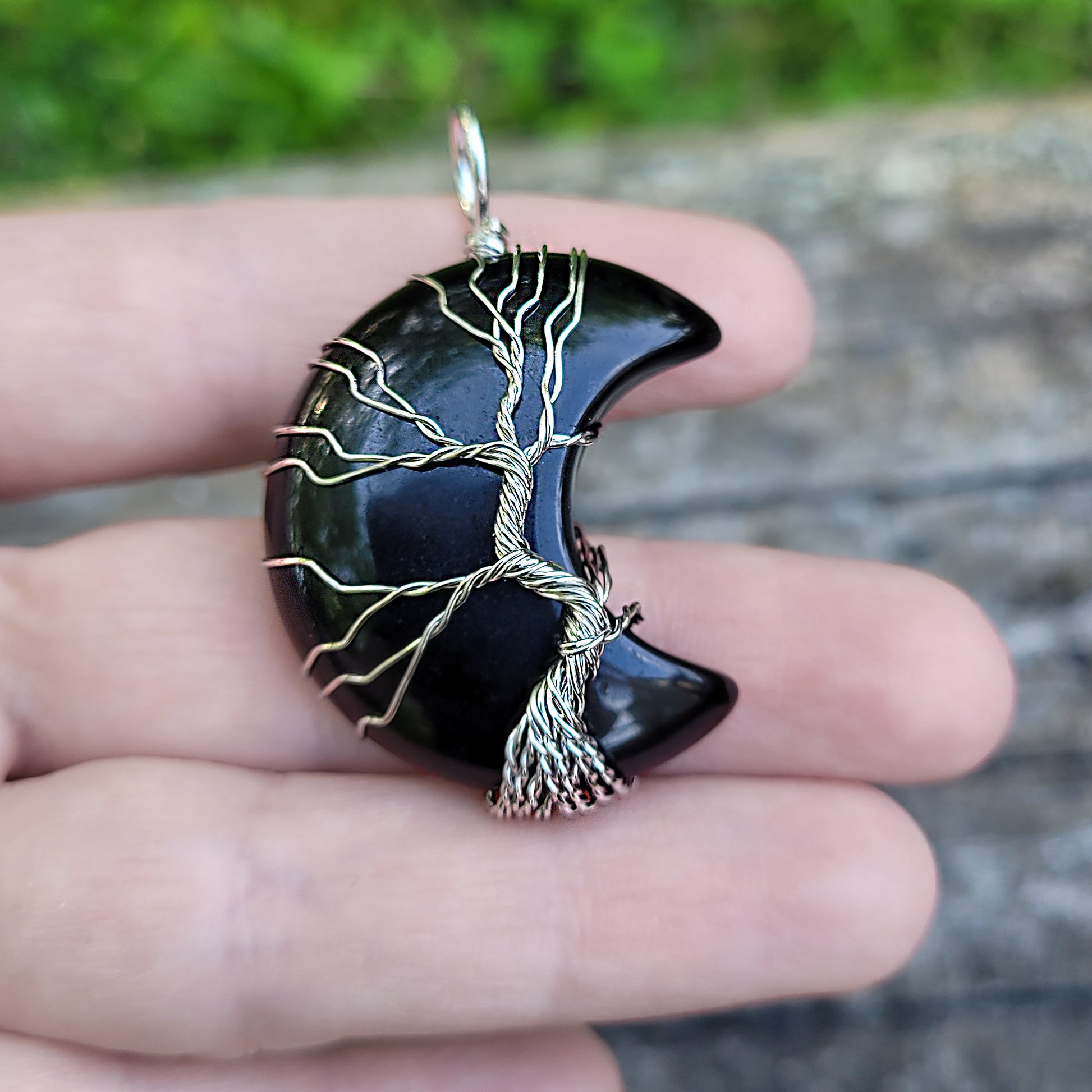 Black Obsidian Stone Wire Wrapped Crescent Moon Necklace,  Healing Stones, Gothic Jewelry