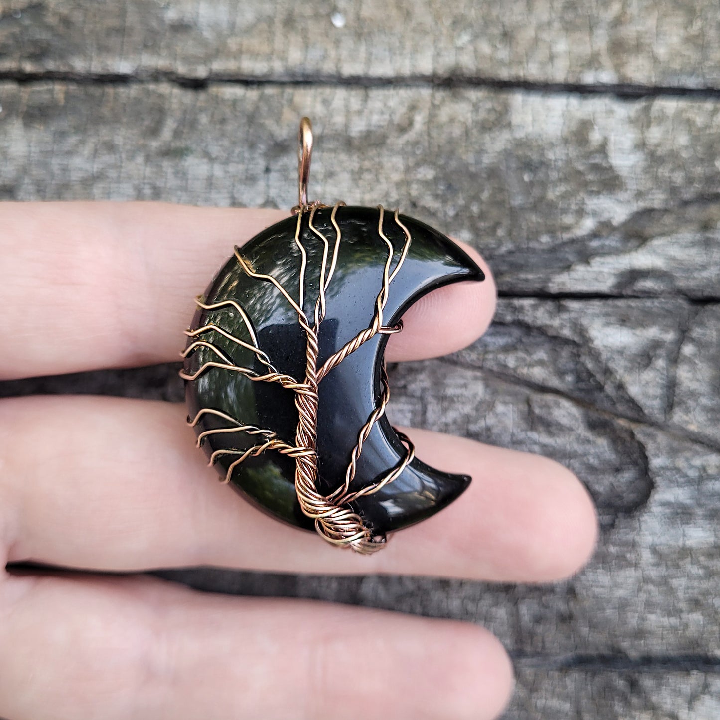 Black Obsidian Stone Wire Wrapped Crescent Moon Necklace,  Healing Stones, Gothic Jewelry