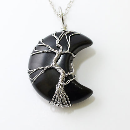 Black Obsidian Stone Wire Wrapped Crescent Moon Necklace,  Healing Stones, Gothic Jewelry
