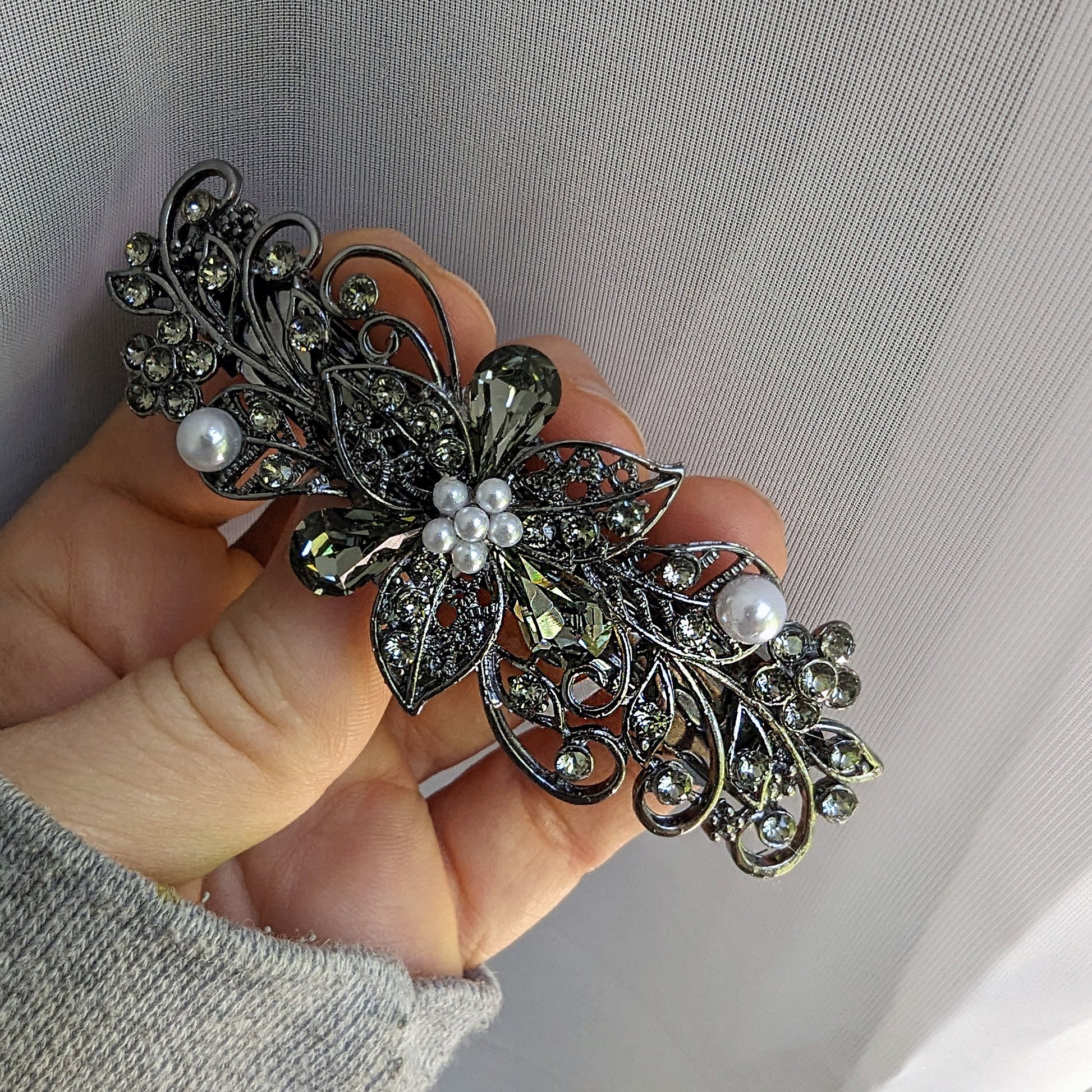 Black Diamond Floral Crystal Hair Clips, Fancy Hair Barrettes, Bridal Hair Accessories, Hair Barrettes for Thick Hair