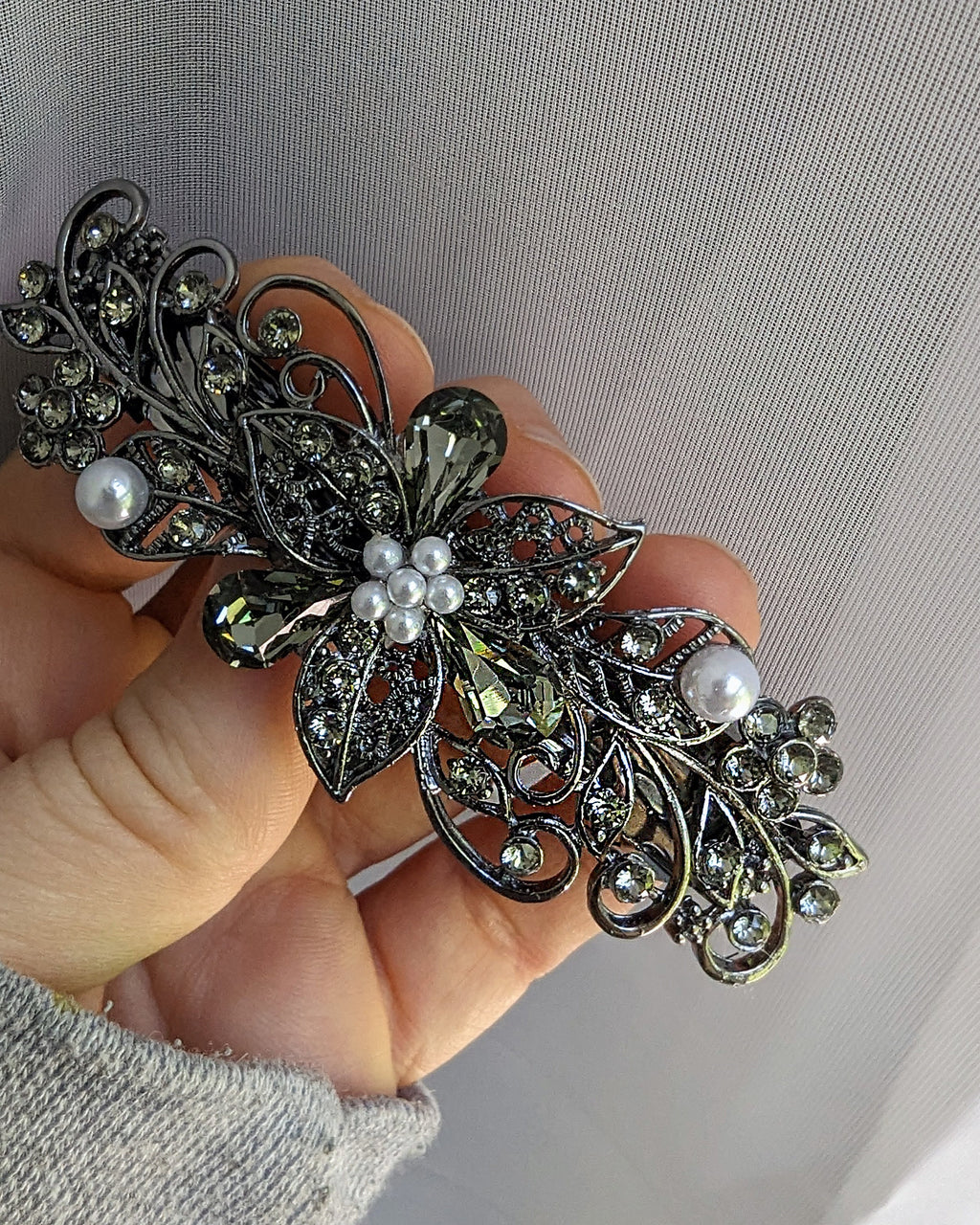 Swarovski Black Diamond Crystal Floral Hair Clips – Bridal  display picture 1