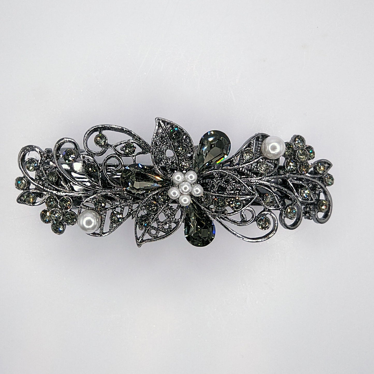 Black Diamond Floral Crystal Hair Clips, Fancy Hair Barrettes, Bridal Hair Accessories, Hair Barrettes for Thick Hair