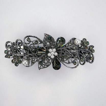 Black Diamond Floral Crystal Hair Clips, Fancy Hair Barrettes, Bridal Hair Accessories, Hair Barrettes for Thick Hair