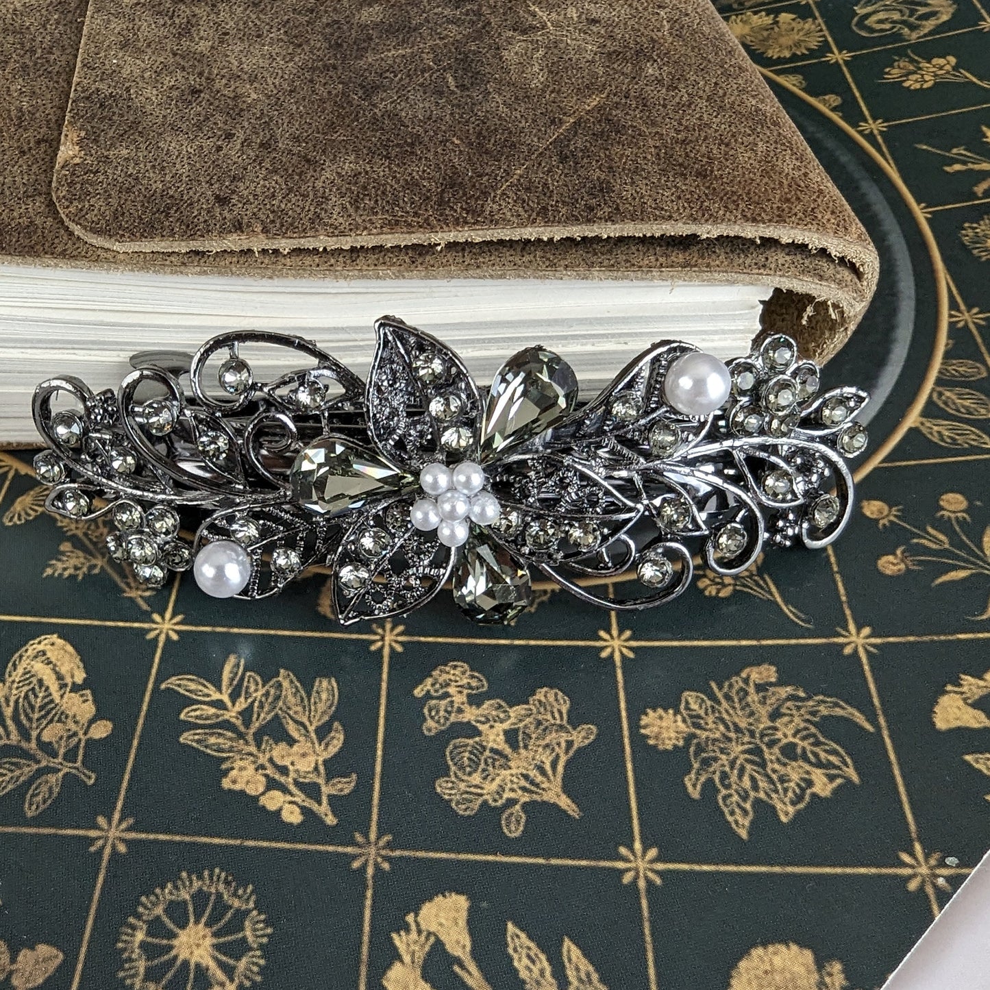 Black Diamond Floral Crystal Hair Clips, Fancy Hair Barrettes, Bridal Hair Accessories, Hair Barrettes for Thick Hair