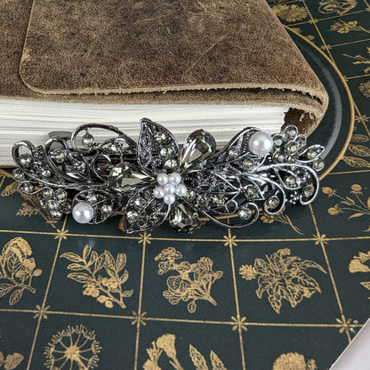 Black Diamond Floral Crystal Hair Clips, Fancy Hair Barrettes, Bridal Hair Accessories, Hair Barrettes for Thick Hair