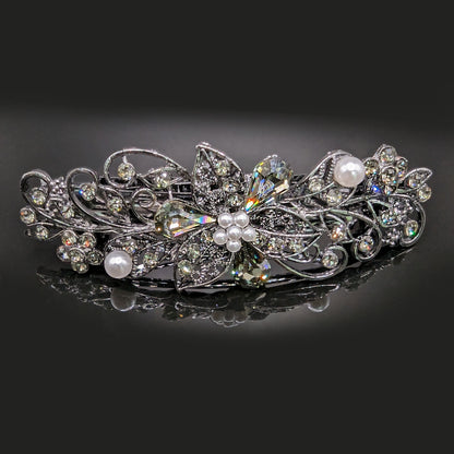 Black Diamond Floral Crystal Hair Clips, Fancy Hair Barrettes, Bridal Hair Accessories, Hair Barrettes for Thick Hair