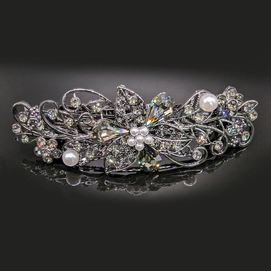 Black Diamond Floral Crystal Hair Clips, Fancy Hair Barrettes, Bridal Hair Accessories, Hair Barrettes for Thick Hair